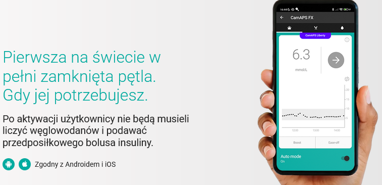Dłoń trzyma smartfon z CamAPS FX i opisem pierścienia święcień.
