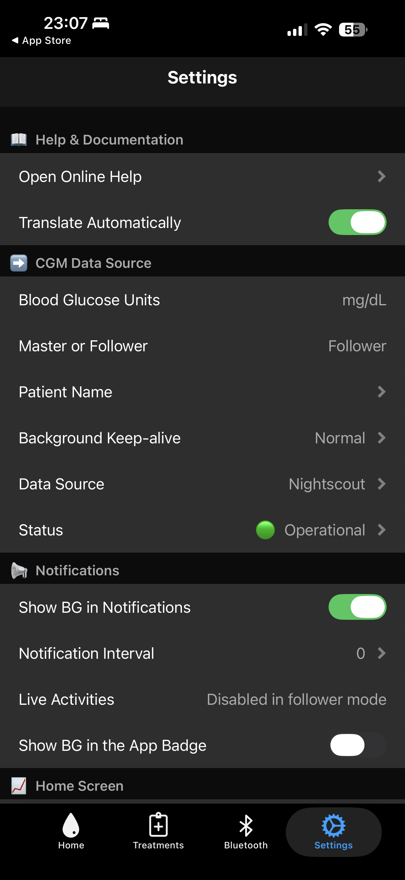 Zukka - CGM app settings, follower mode with Nightscout as data source, glucose alert configuration on iPhone