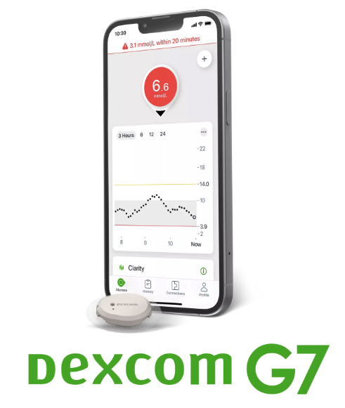 Smartfon z aplikacją Dexcom G7 i sensorem do monitorowania glukozy.