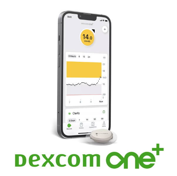 Smartfon z aplikacją Dexcom One+ i sensorem do monitorowania glukozy.
