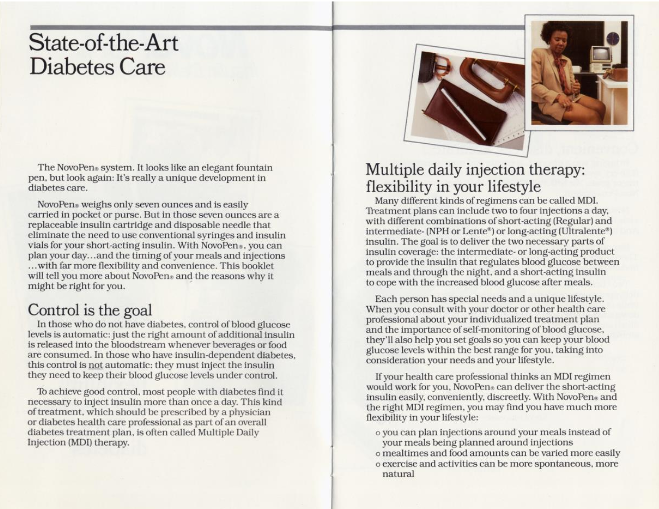 Skan dwustronicowej broszury NovoPen z lat 80.; po lewej nagłówek "State-of-the-Art Diabetes Care" i opis urządzenia, po prawej tekst o terapii wielokrotnych wstrzyknięć oraz zdjęcia: elegancki pen insulinowy i kobieta w stroju biznesowym wykonująca zastrzyk przy biurku.