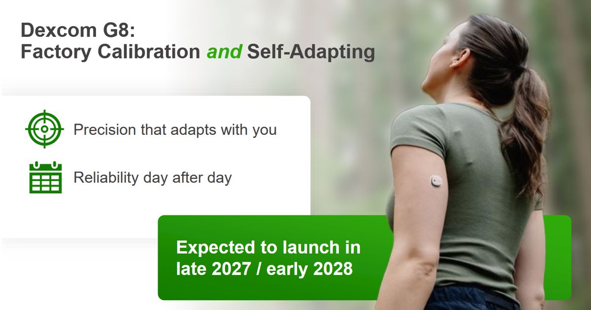 Woman with a CGM sensor on her arm and a Dexcom G8 announcement