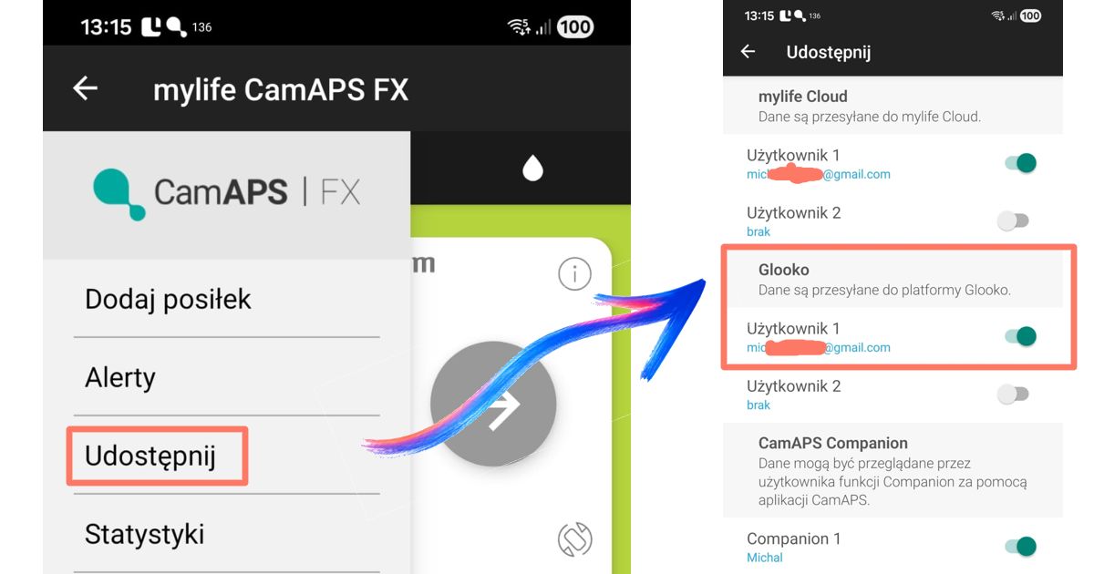 Zrzut ekranu aplikacji mylife CamAPS FX z opcją udostępniania danych Glooko