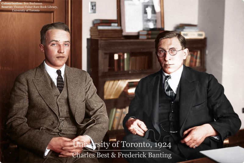Charles Best i Frederick Banting siedzą w gabinecie Uniwersytetu Toronto w 1924 roku.